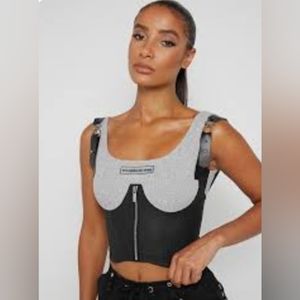 Maniere De Voire Brand New w/ Tag Vegan Leather Corset Top UK 6 US 2 Grey Black